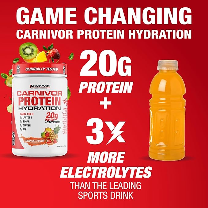 MuscleMeds Carnivor Protein Hydration Drink Powder 20g Refreshing Protein Isolate Lactose Free Sugar Free Electrolytes Muscle Building Recovery Halal Certified Tropical Punch 20 Serve
