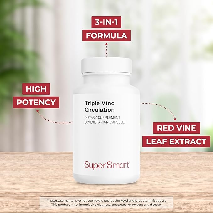 Supersmart Triple Vino Circulation (High Potency) - 3-in-1 Formula - Red Vine Leaf Extract - with Grape Seed &amp Marc | Vegan &amp Gluten Free - 60 Veg Capsules