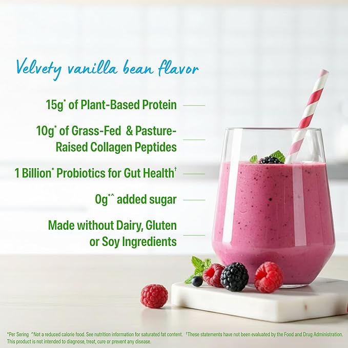 Orgain Protein Powder + Collagen Vanilla Bean - 25g of Protein 10g Collagen Peptides Type I &amp III 1B CFU Probiotics Supports Hair Skin Nail Joint &amp Gut Health Gluten Free - 1.6lb