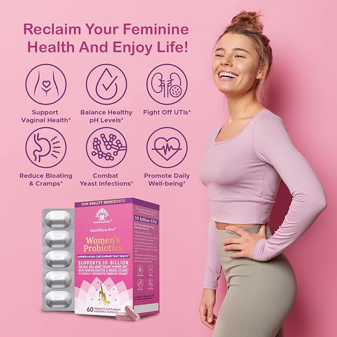 Nutricelebrity NutriFlora-Pro Probiotics for Women - Support Vaginal Urinary Health (UTI) Digestive System Period Pain Yeast and BV Relief Cranberry Pills 10 Billion CFU 6 Strains (60 Caps)