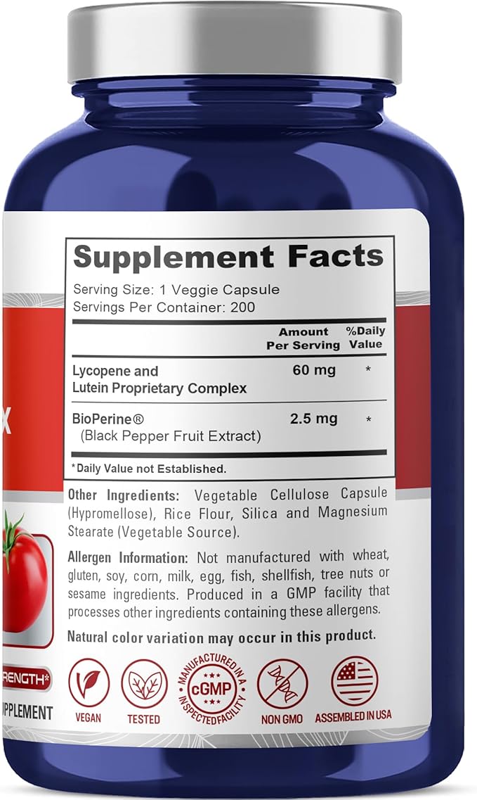 NusaPure Lycopene &amp Lutein Complex 60mg per Caps 200 Veggie Capsules (Non-GMO Vegan)