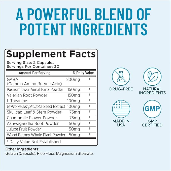 Stress Relief Supplement - Supports Mood &amp Mental Focus - Feel Calm and Relaxed - Eases Tension &amp Nervousness - Ashwagandha GABA Valerian &amp L-Theanine - 60 Capsules