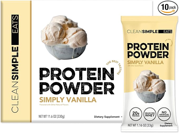 Clean Simple Eats Whey Protein Powder Simply Vanilla Flavor Naturally Sweetened 100% Grass Fed Protein Powder with Digestive Enzymes &amp No Artificial Ingredients Gluten Free 10 Stick Packs