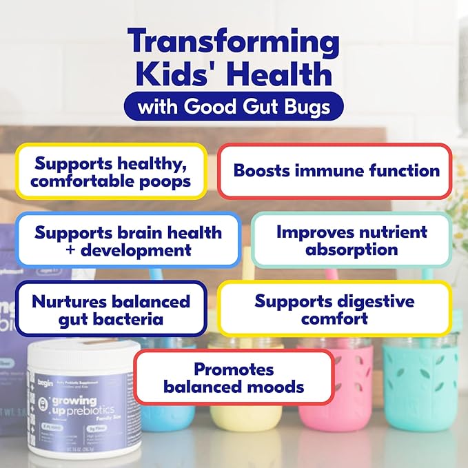 Begin Health Growing Up Prebiotics for Kids 28-Packs | Prebiotic Soluble Powder Stool Softeners and Digestive Gut Health Supplement | Ideal to Mix with Kids Daily Beverages and Soft Foods - Unflavored