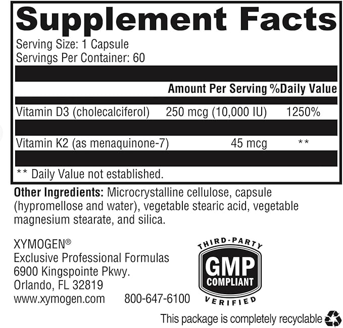XYMOGEN K2-D3 10000 - Vitamin D3 K2 - Bioavailable Vitamin D 10000 IU (Cholecalciferol) with MK-7 - Heart Arterial Bone Health + Immune Support Supplement (60 Capsules)