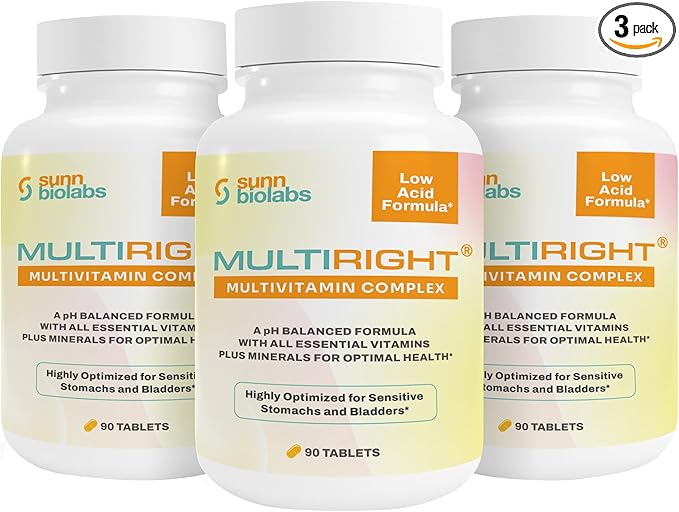 MULTIRIGHT | LOW ACID MULTIVITAMIN for Sensitive Stomachs Bladders | 14 Vitamins &amp 14 Minerals | Bladder-Friendly pH Balanced | Easy on Digestion-Less Acidic | Buffered Vitamin C | 270 Tablets (