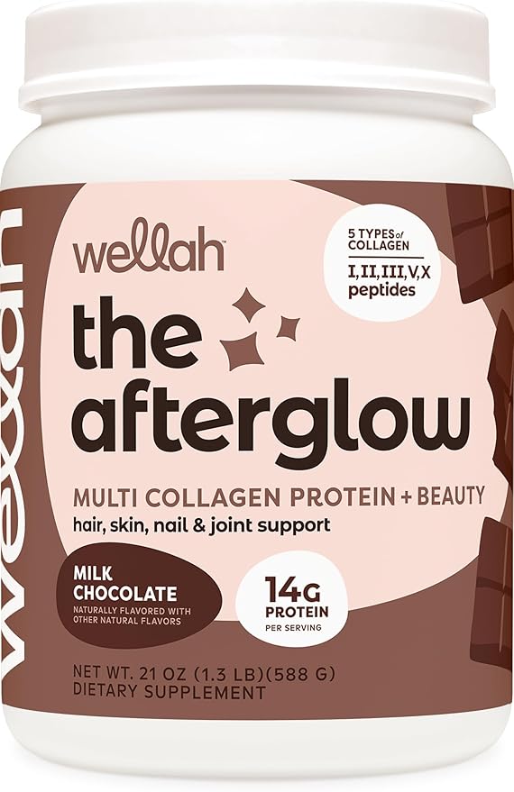 Wellah The Afterglow Multi Collagen Protein + Beauty (30 Servings Chocolate) - Hair Skin Nail &amp Joint Support - Non-GMO &amp Gluten Free