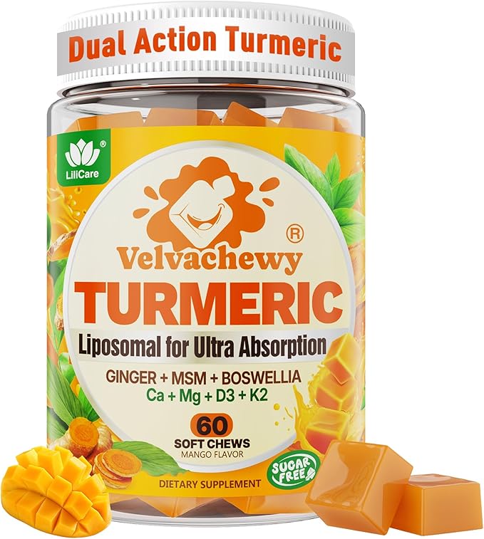 Liposomal Turmeric Curcumin 2000mg + Calcium 600mg &amp Vitamin D3 K2 Sugar Free Turmeric and Ginger Supplement Chews Gummies with Black Pepper Supports Healthy Response - 95% Curcuminoids Vegan