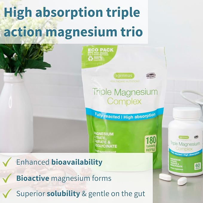 Super B-Complex 180 Tablets + Triple Magnesium Complex 180 Tablets Vegan Bundle Methylated Sustained Release B Complex + High Absorption Chelated Magnesium Glycinate Taurate &amp Citrate by Igennu