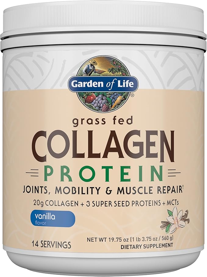 Garden of Life Grass Fed Collagen Protein Powder - Vanilla 14 Servings Powder for Joints Mobility Muscle Repair Collagen Peptides + Super Seeds + Coconut MCTs Keto Supplement