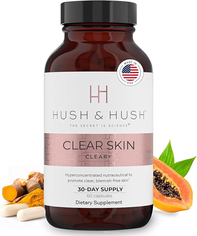 Hush &amp Hush Acne Supplements for Clear Skin – Clinically Proven Formula to Reduce Breakouts &amp Blemishes – Supports Hormonal Balance with Vitamin A Zinc &amp Antioxidants – Vegan Non-GMO – 6