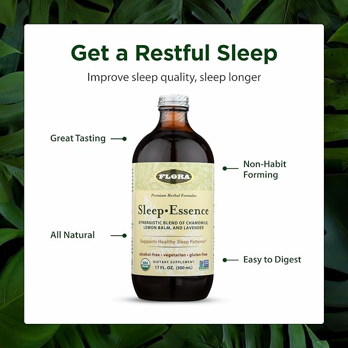 Flora - Sleep-Essence - Sleep Support Supplement - Features Lavender Lemon Balm Skullcap &amp Passionflower - Organic Non-GMO Vegan &amp Kosher - 17 fl. oz. Glass Bottle