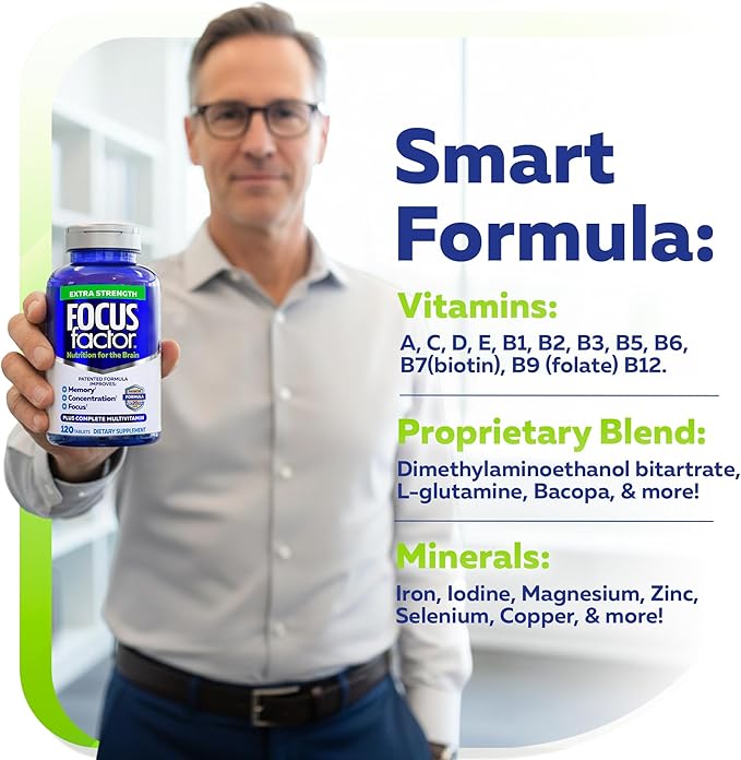 Focus Factor Adults Extra Strength Brain Supplement for Memory Concentration and Focus - Complete Multivitamin with DMAE Vitamin D DHA - Trusted Health Vitamins 120 Count (Pack of 3)