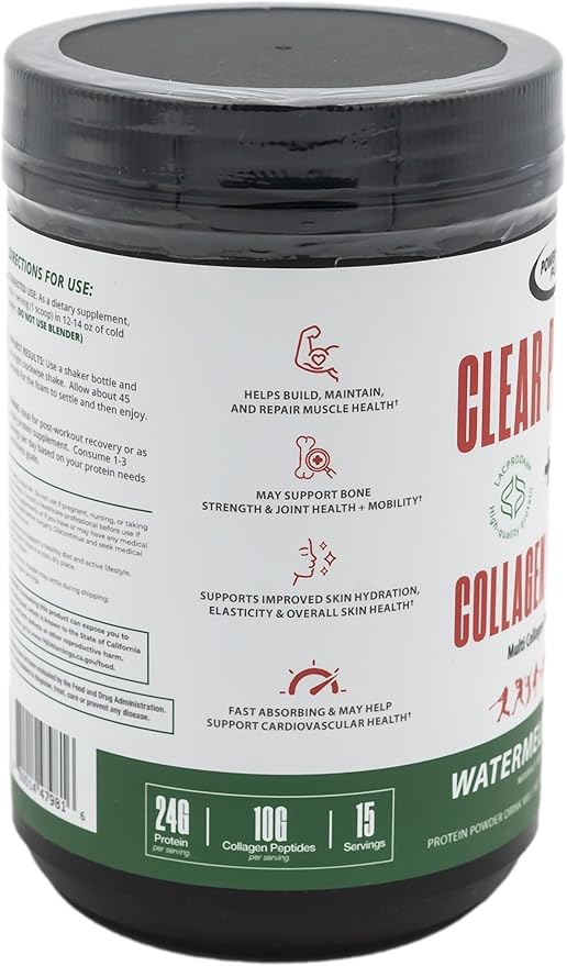 Clear Protein &amp Collagen Peptides Protein Powder Drink Mix - Naturally Sweetened &amp Flavored Gluten Free Lactose Free - Protein + Marine Collagen - 15 Servings (Watermelon Lime)
