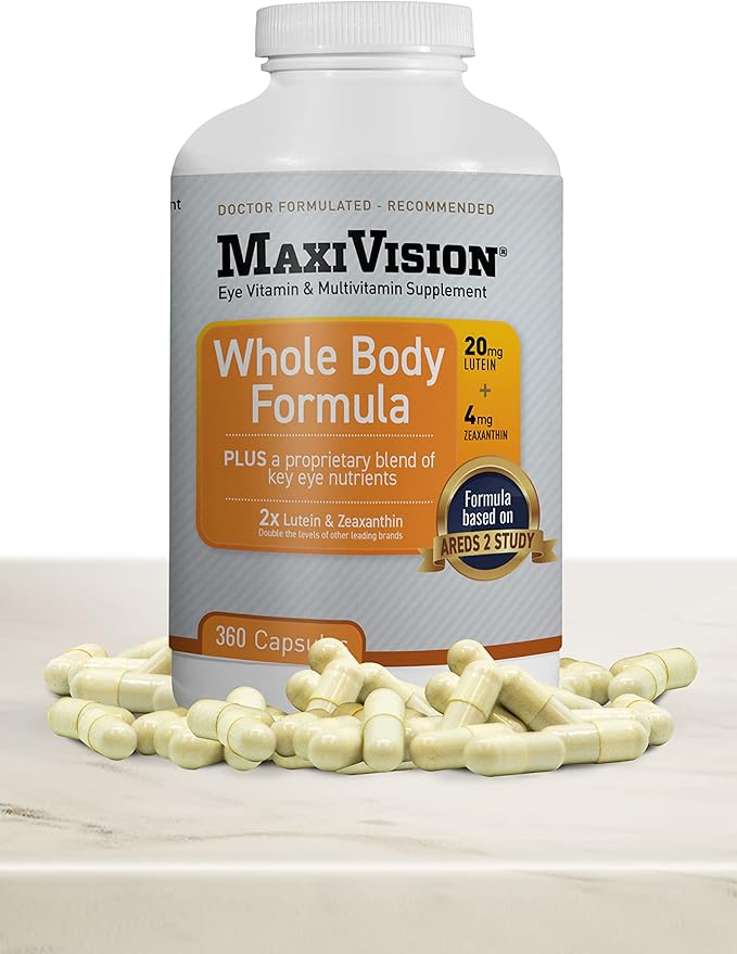 MaxiVision® AREDS 2 Whole Body Formula - AREDS 2 Eye Vitamins w/Lutein and Zeaxanthin - for Macular Support - Eye Supplements for Eye Strain - 360 Capsules Count (360 Capsules 1 Bottle)