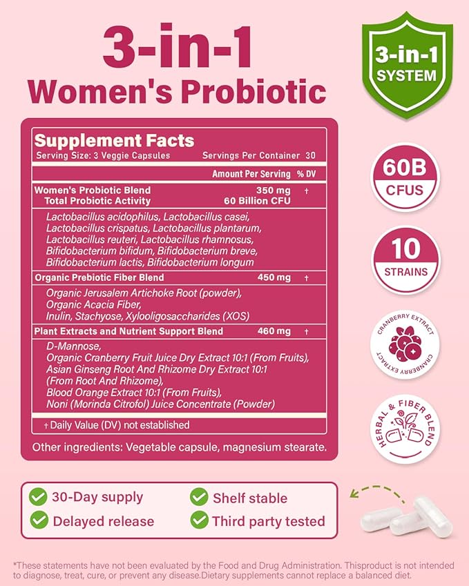 Probiotics and Organic Prebiotics for Women pH Balance &amp Digestion- 60 Billion CFU Vaginal Probiotics with Cranberry D-Mannose Vegan &amp Non-GMO for Urinary Tract &amp Immune | 90 Caps