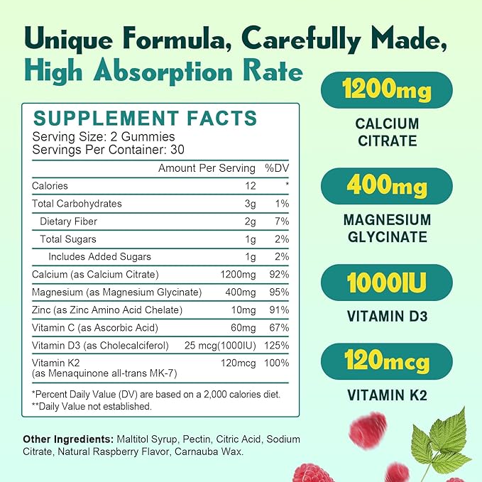 1200mg Calcium Citrate with Vitamin D3 Gummies for Bones Muscles Immune Support Chewable Calcium Citrate with Vitamin D3 K2 C Magnesium Zinc Raspberry