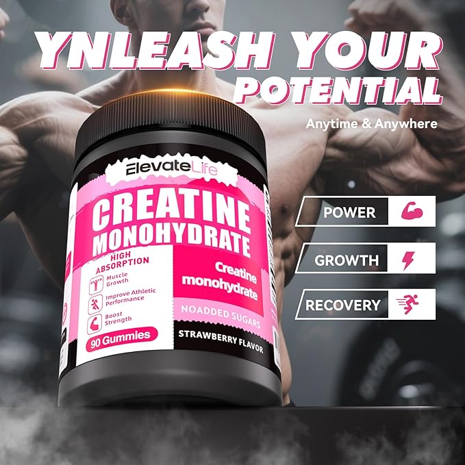 NSFCertified Creatine Monohydrate Gummies 5000mg for Men &amp Women Chewables Creatine Monohydrate for Muscle Strength Muscle Builder Energy Boost Pre-Workout Supplement(90 Count)-Strawberries