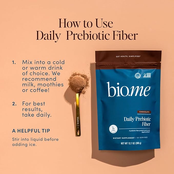 Bio.me Daily Prebiotic Fiber Powder Chocolate - 7g Per Serving - Soluble &amp Insoluble Fiber Supplement Powder for Women &amp Men - Digestive Health &amp Gut Health - GLP-1 Friendly Sugar Free -