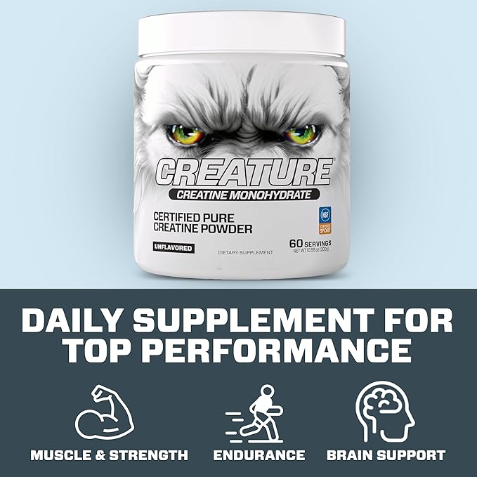 CREATURE® Creatine Monohydrate – NSF Certified for Sport® Tested for 288+ Banned Substances– Pure Micronized Powder for Muscle Strength Recovery &amp Brain Support – Unflavored 300G 60 Servings