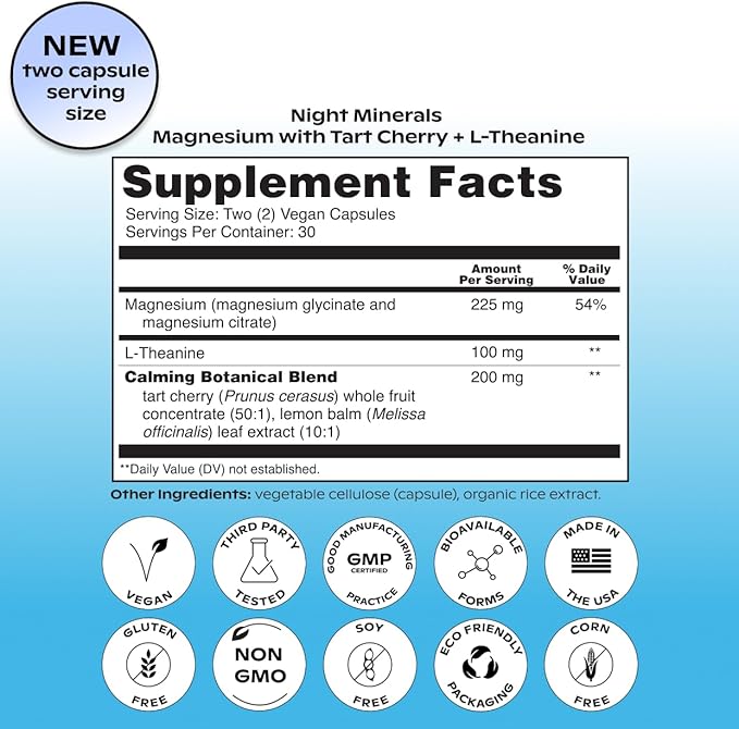 wholier Magnesium Glycinate L-Theanine Tart Cherry Juice. Natural Support for Sleep Stress + Relaxation. Melatonin-Free. Night Minerals. (60 Vegan Capsules) Glass Bottle