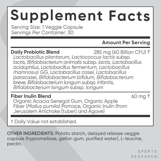 Sports Research Daily Probiotics with Prebiotics 60 Billion CFU - Vegan Capsules for Gut Health &amp Digestive Support Probiotics for Women &amp Men - Non-GMO Verified &amp Gluten Free - 30 Count