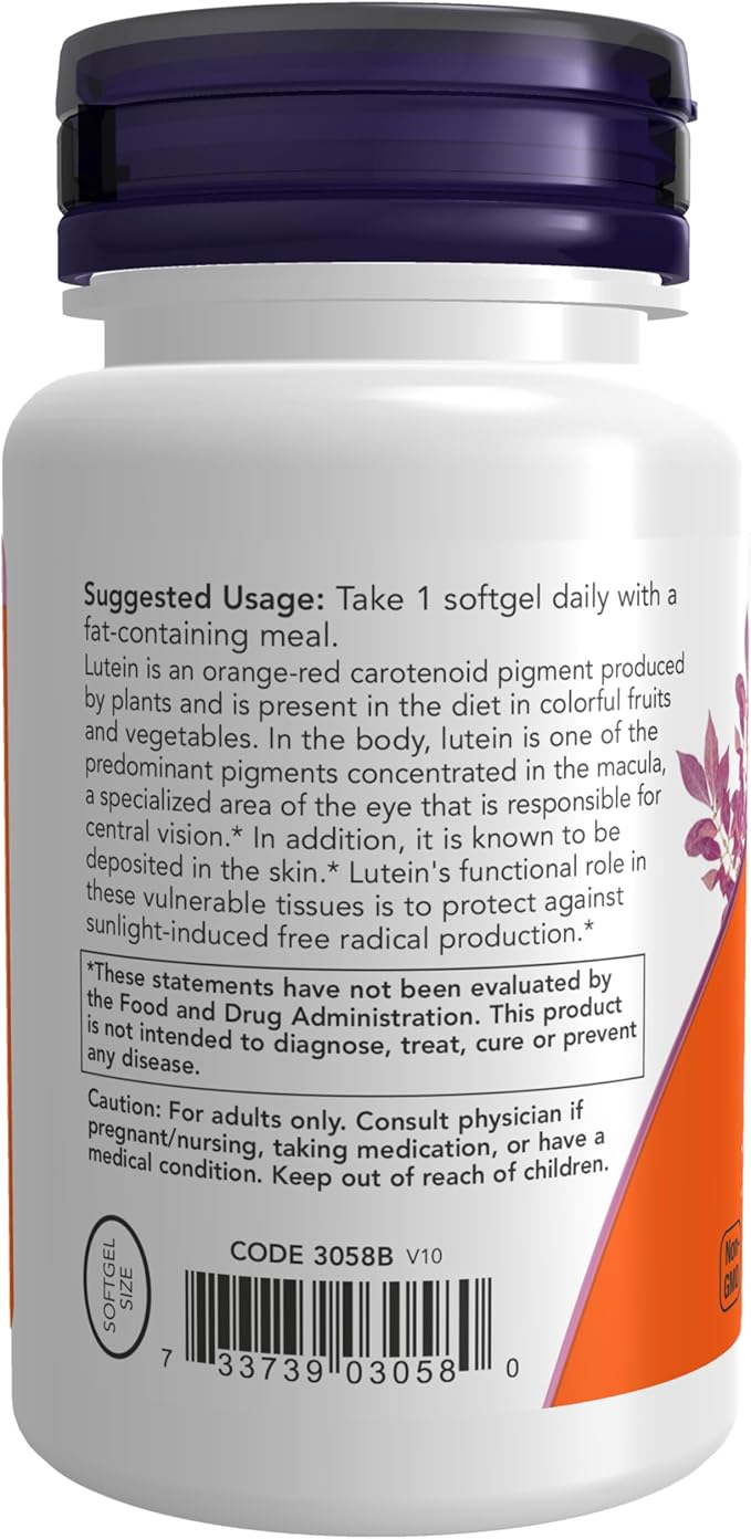 NOW Foods Supplements Lutein 10 mg with 10 mg of Free Lutein from Lutein Esters 60 Softgels