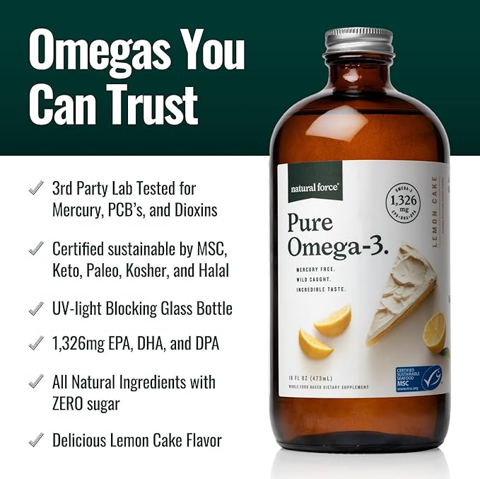 Natural Force Pure Omega 3 - Liquid Fish Oil - Delicious Lemon Cake Flavor 16 Oz Glass Bottle Organic Clean Collagen Peptides Powder Unflavored 10.7oz