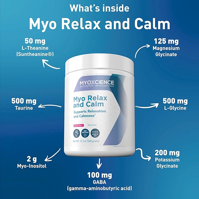 MYOXCIENCE Myo Relax &amp Calm | Myo-Inositol L-Theanine Taurine Magnesium &amp GABA | Supports Sleep Neurotransmitter &amp Hormone Support (Berry Flavor) (60 Servings)