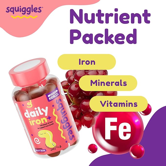 Squiggles Sniffle Berries (100 Count) + Daily Iron Gummies (100 Count) Duo - Tasty Chewy Gummy - Kids Immune Booster