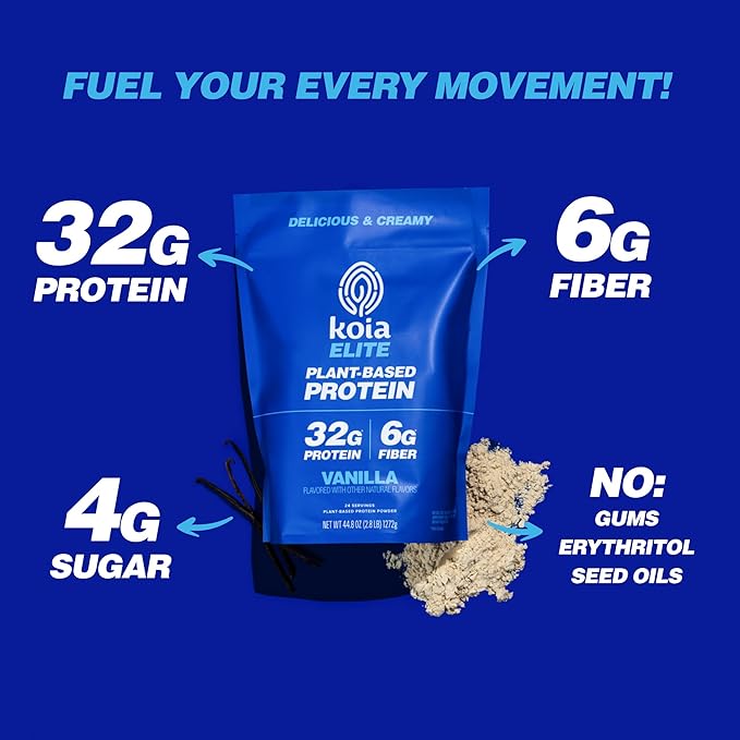 Koia Plant Based Protein Elite Powder Vanilla 32g Protein 4g Sugar 6g Prebiotic Fiber Pre &amp Post Workout 21 Vitamins &amp Minerals Dairy-Free Gluten-Free Non-GMO 24 Servings 44.8 Oz