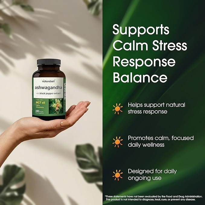 NatureBell Ashwagandha with Black Pepper Extract - 240 Softgels - Made with MCT Oil - Highly Bioavailable