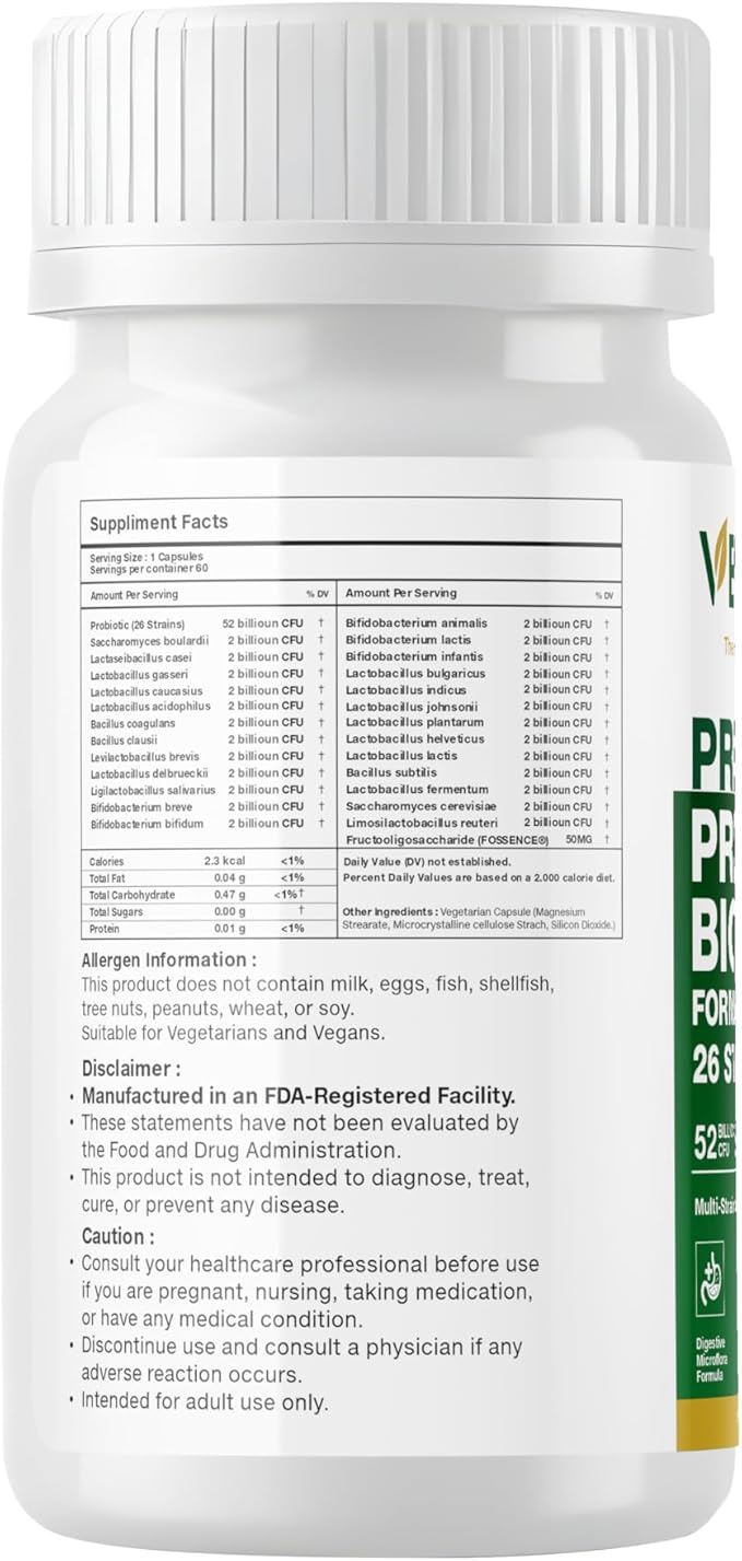 26-Strain Pre + Probiotic Capsules 52 Billion CFU FOSSENCE® Prebiotic Fiber Blend