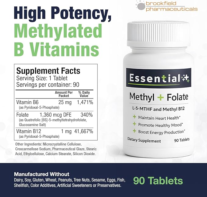 Pure L-Methylfolate Tablets with 5-MTHF 90 Tablets Methyl Folate B12 and Vitamin B6 for Heart Health Maternal Health Healthy Mood &amp Energy with 1360 mcg L Methylfolate Supplement for Men and W
