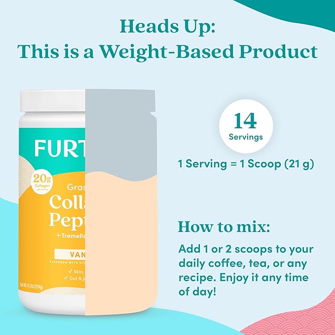 Further Food Vanilla Collagen Peptides Powder with Tremella Mushroom – 100% Grass-Fed Hydrolyzed Type 1 &amp 3 20g of Collagen per Serving Supports Skin Hair Nails &amp Joints 10.37 Oz