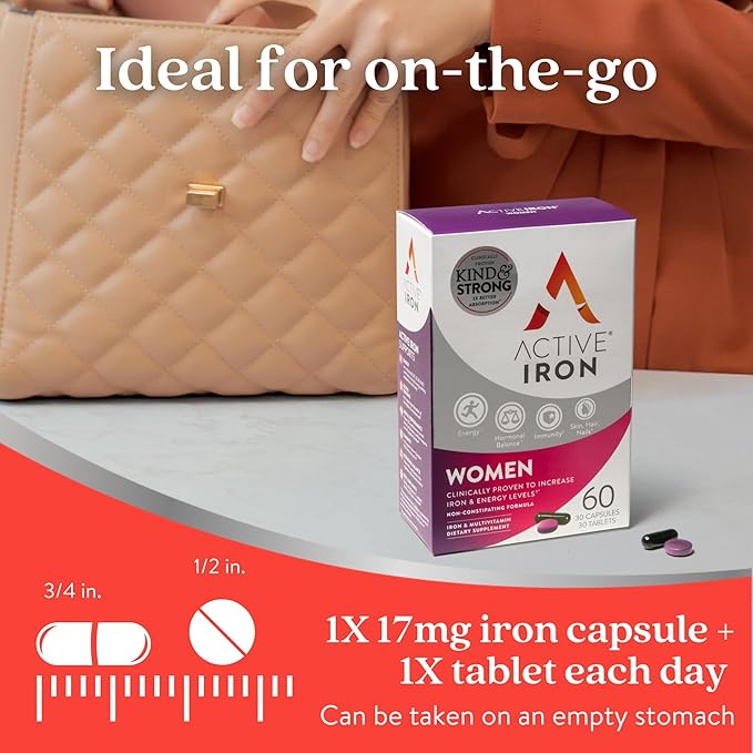 Active Iron Supplement 25mg + Multivitamin for Women Clinically Proven to Increase Iron &amp Energy Levels Maximum Absorption Gentle Non-Constipating 30 Capsules + 30 Tablets in On-the-Go Foil P