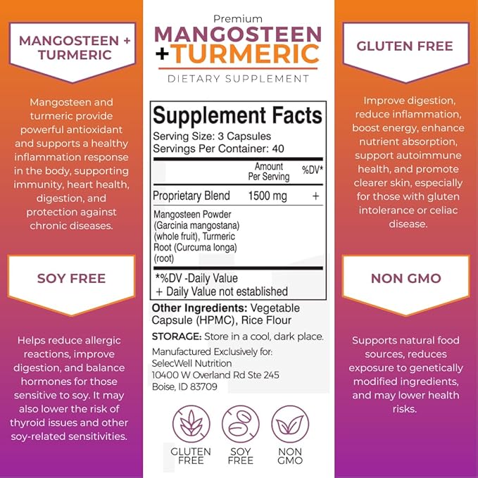 Mangosteen + Turmeric Capsules | Joint &amp Digestion Support | Formulated for Wellness Includes Natural Ingredients | 120 Vegetarian Capsules 1500mg per Serving