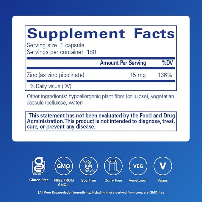 Pure Encapsulations Zinc 15 mg - Zinc Picolinate Supplement for Immune System Support Growth &amp Development - for Wound Healing - 180 Capsules