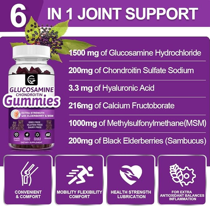 Glucosamine Chondroitin Gummies with MSM &amp Elderberry – Extra Strength Mobility &amp Flexibility Support Antioxidant Immune Supplement for Adults Men &amp Women - 60 Chondroitin Gummies (3 Pac