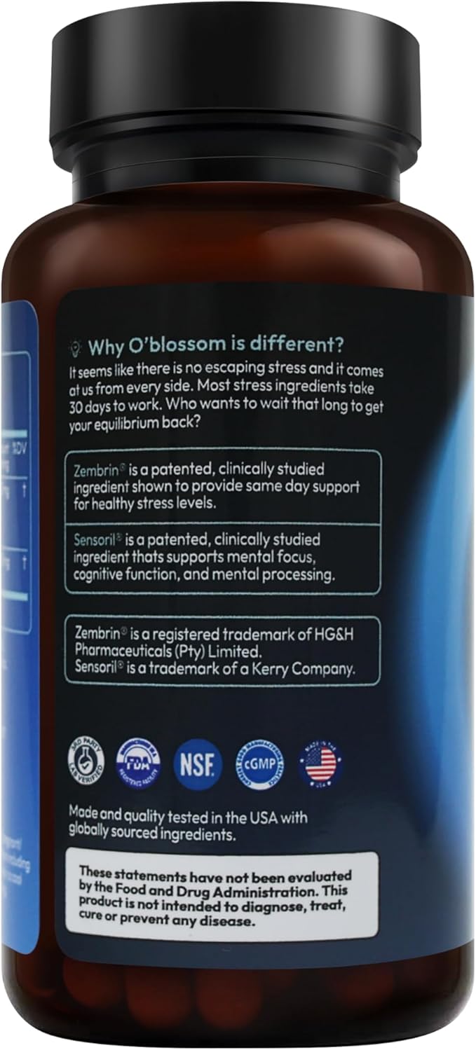 O'blossom Stress Release Ashwagandha Sensoril Zembrin Supplements – Clinically Studied Stress Relief with True Rapid Calm Mood Support in 2 Hours Cognitive Enhancement and Healthy Sleep Pattern