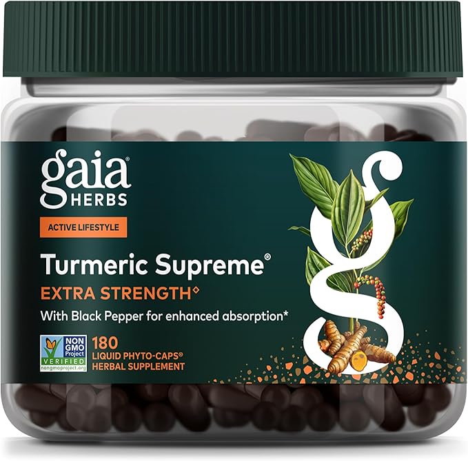 Gaia Herbs Turmeric Supreme Extra Strength - Supports Occasional Discomfort from Normal Wear &amp Tear* - with Turmeric Curcumin &amp Black Pepper - 180 Vegan Liquid Phyto-Caps (Up to 180 Servings)