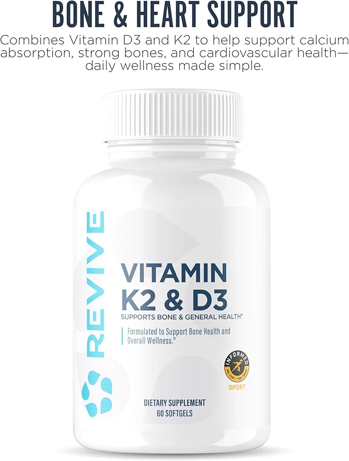 REVIVE MD Vitamin D3 &amp K2 - Supports Bone Health &amp Muscle Strength - K2 &amp D3 Vitamin Supplement for Women &amp Men Health &amp Brain Function (60 Servings)