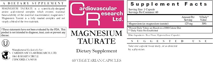 Cardiovascular Research Magnesium Taurate 125 mg New Tamper Resistant Store and Ship Box 120 Count
