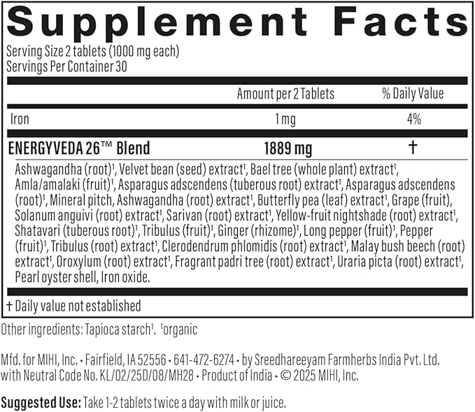 EnergyVeda 26™ Ayurvedic Energy &amp Vitality Support Supplement | with Ashwagandha Amla Velvet Bean &amp Asparagus | Supports Daily Energy Nervous System Balance &amp Immune Health | 60 Tablets