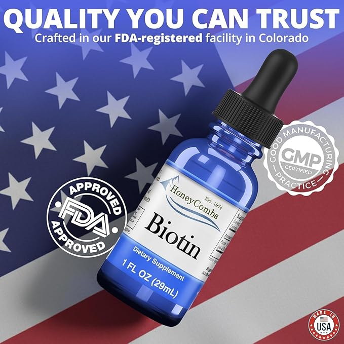 HoneyCombs Liquid Biotin for Hair Growth Drops High Potency Biotin Liquid Vitamin B7 500 Percent DV Vegan Sublingual Biotin Liquid Drops for Adults and Kids 36 Serving Bottle Made in USA