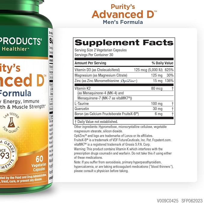 Purity Products Advanced Vitamin D Men's Formula Packed with Vitamin D Vitamin K2 Zinc Magnesium Citrate Boron and Taurine - 60 Vegetarian Capsules