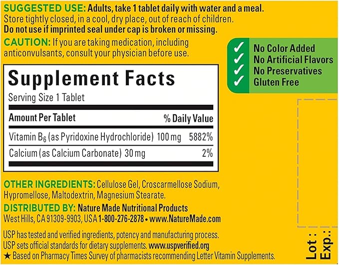 Nature Made Vitamin B-6 100 mg Tablets 100 ea (Pack of 4)