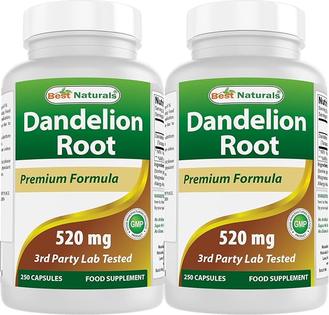 Best Naturals Dandelion Root 520 mg 250 Capsules (Pack of 2)
