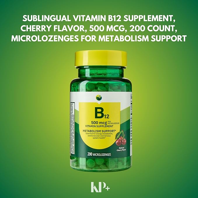 KP+ Spring Valley Vitamin B12 | B12 500 mcg Vitamin Supplement | Metabolism Support | Natural Cherry Flavor | 200 Microlozenges | Pack of 2