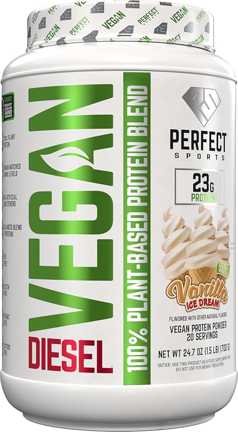 PERFECT SPORTS Vegan Diesel 100% Plant Based Protein | Whole Food Blend | No Artificial Sweeteners Lactose Free Keto | 23g Protein | 1.5 Pounds (Vanilla Ice Dream)